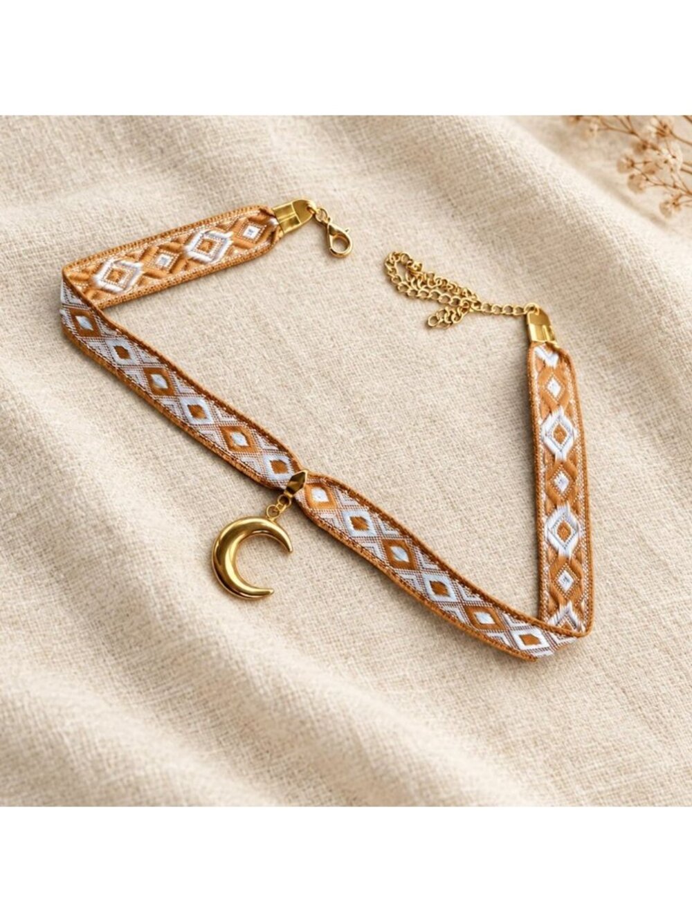 Crescent Moon Choker with Brown Geometric Ribbon and Gold Tone Pendant Boho